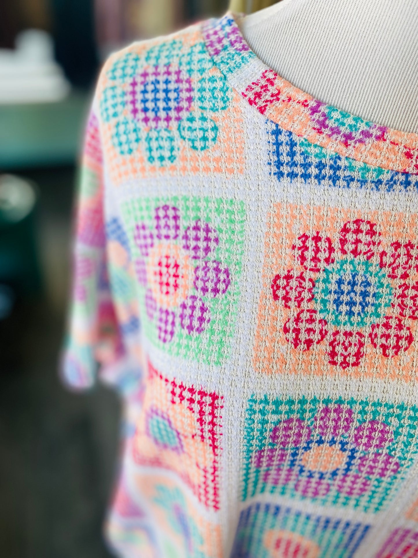 Waffle Knit Crochet Print Top